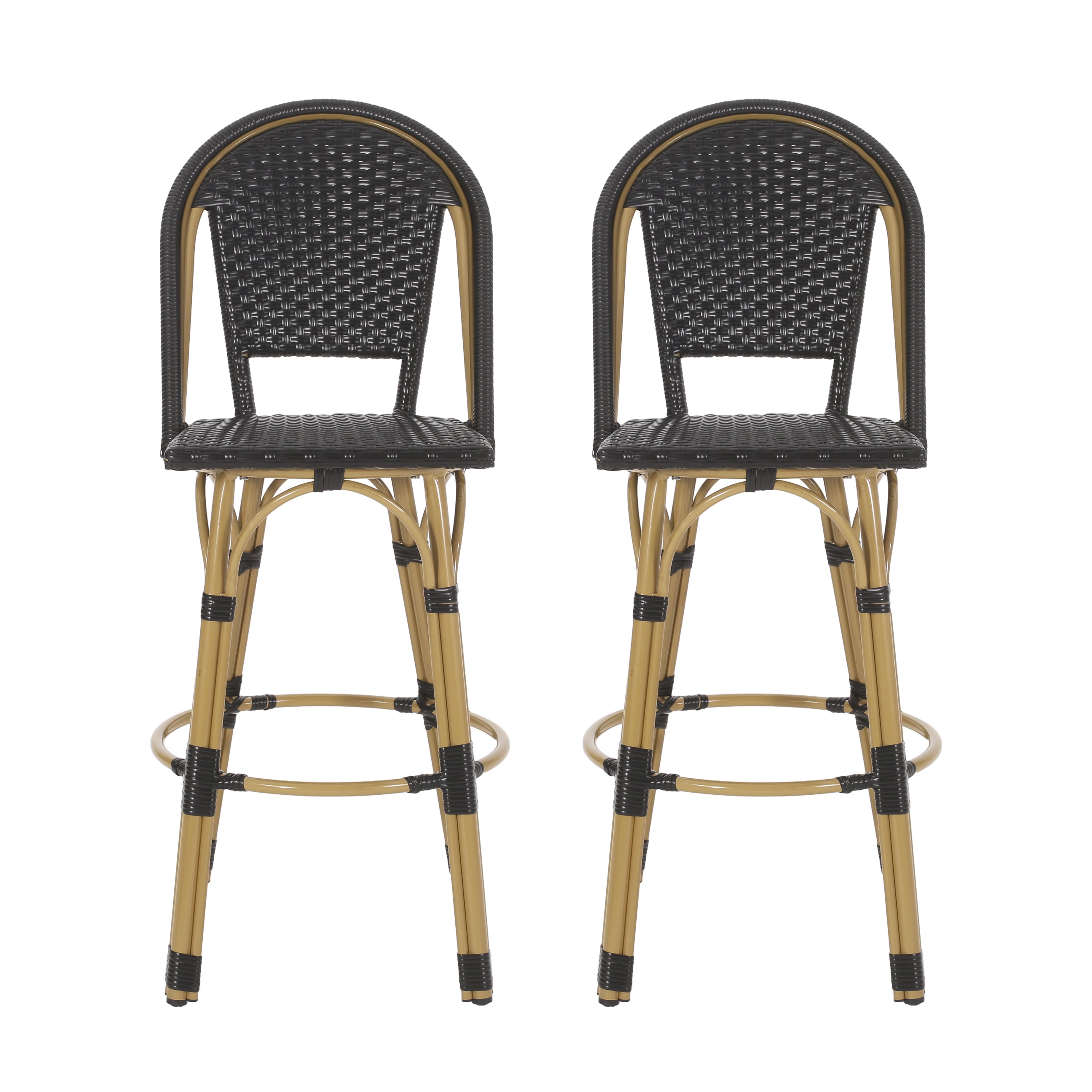 Callisto 29.5" Outdoor Rattan and Aluminum Bar Stool with Curved Back and Footrest