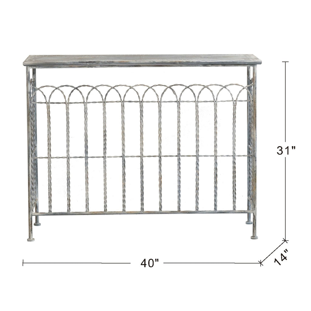 Distressed Silver Finish Iron French Country Arched Fence Console Table