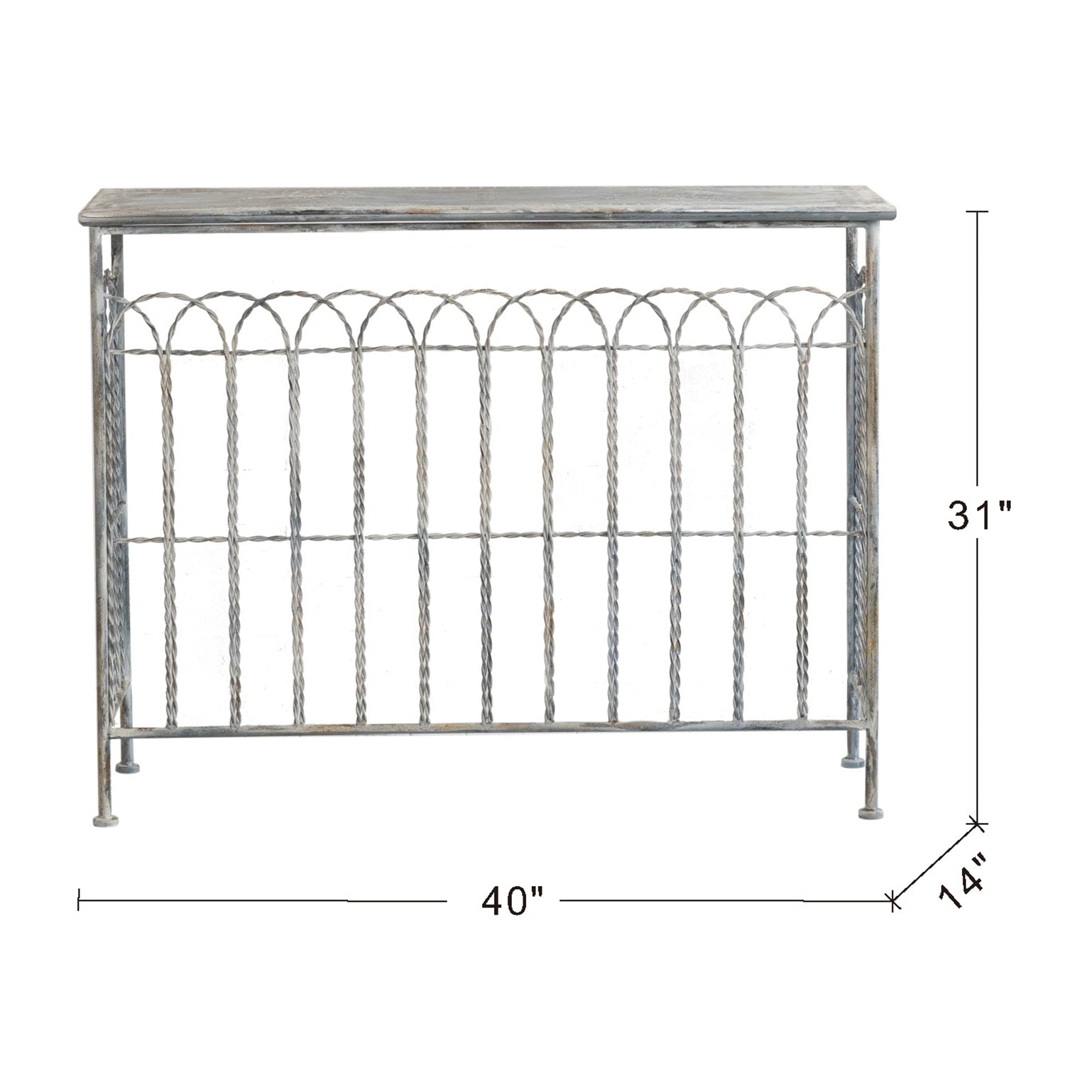 Distressed Silver Finish Iron French Country Arched Fence Console Table
