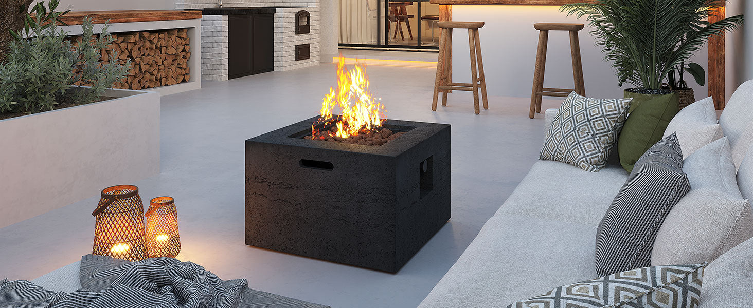 Outdoor Square Fire Pit with Steel Burner, Lava Rocks and Cover