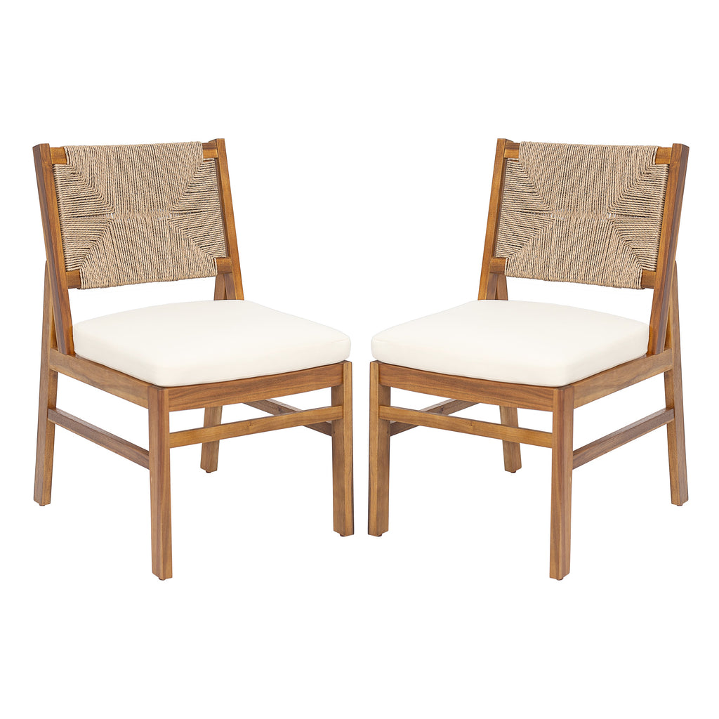 Monica Outdoor Wood and Wicker Woven Dining Chair with Cushions, Set of 2