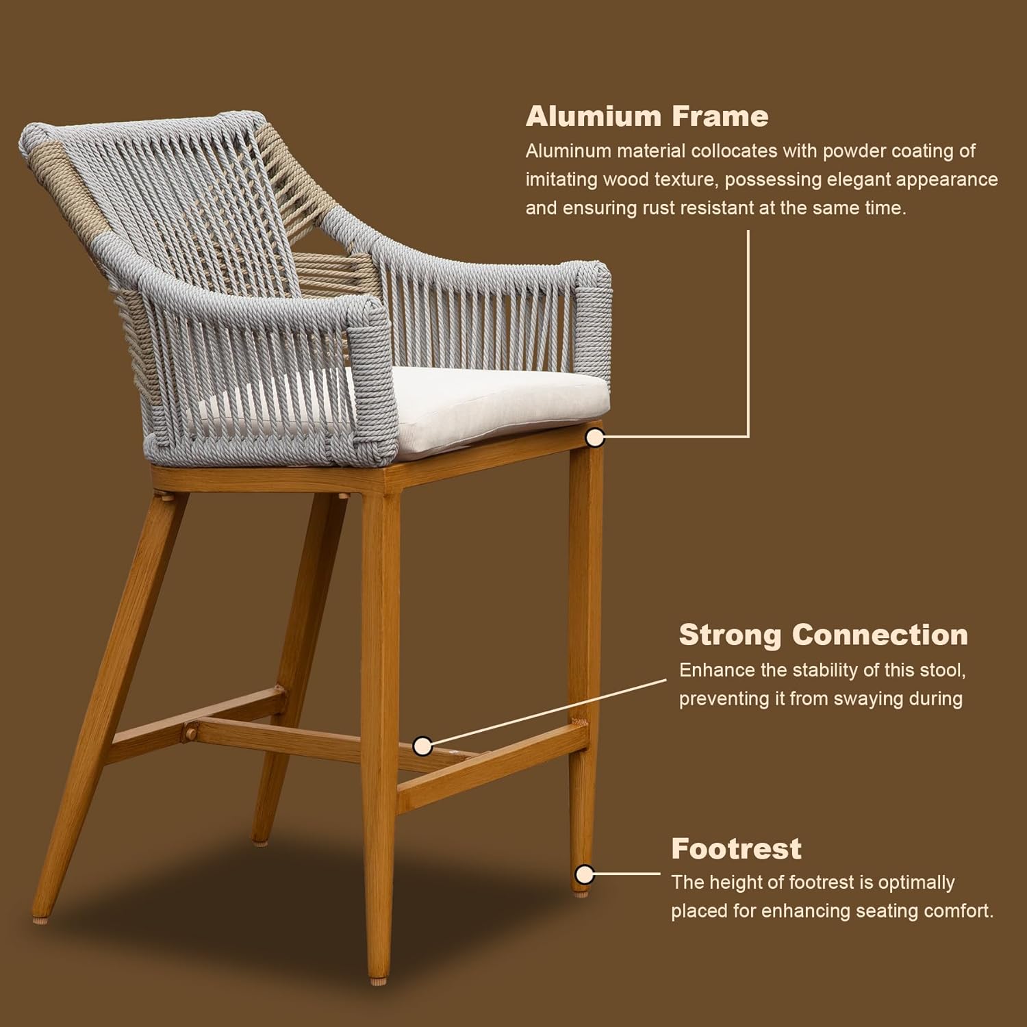 Creation Outdoor Bar Stool with Square Backrest & Adjustable Foot, Set of 2