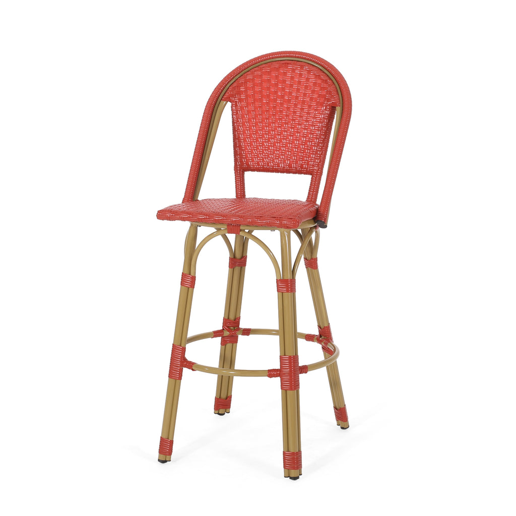 Callisto 29.5" Outdoor Rattan and Aluminum Bar Stool with Curved Back and Footrest