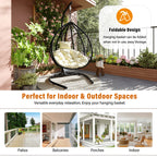 Foldable Rattan Egg Swing Chair with Iron Frame, Plush Cushion & Removable Headrest