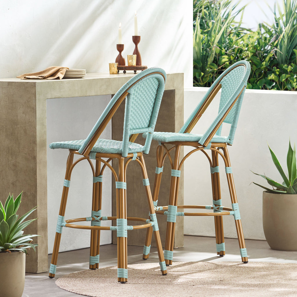 Callisto 29.5" Outdoor Rattan and Aluminum Bar Stool with Curved Back and Footrest