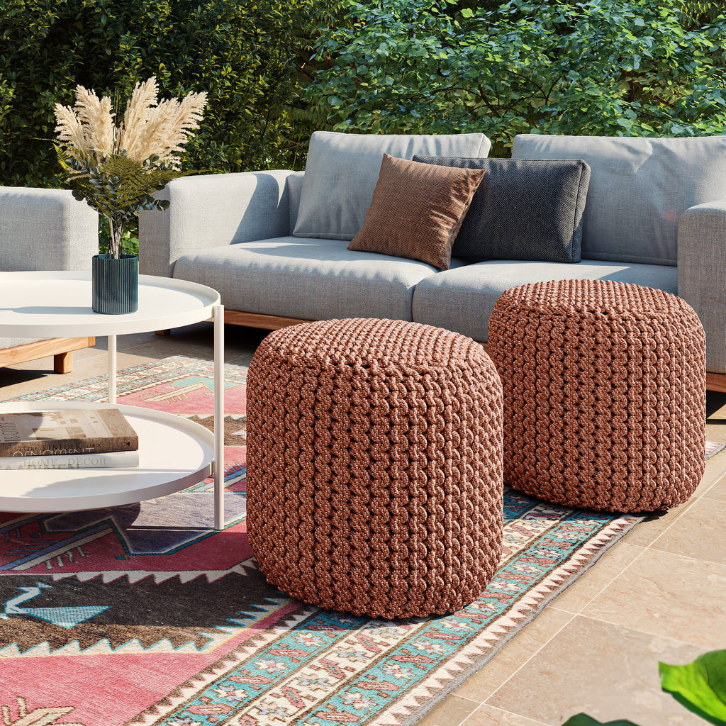 Wynne Orange Round Knitted Outdoor Pouf