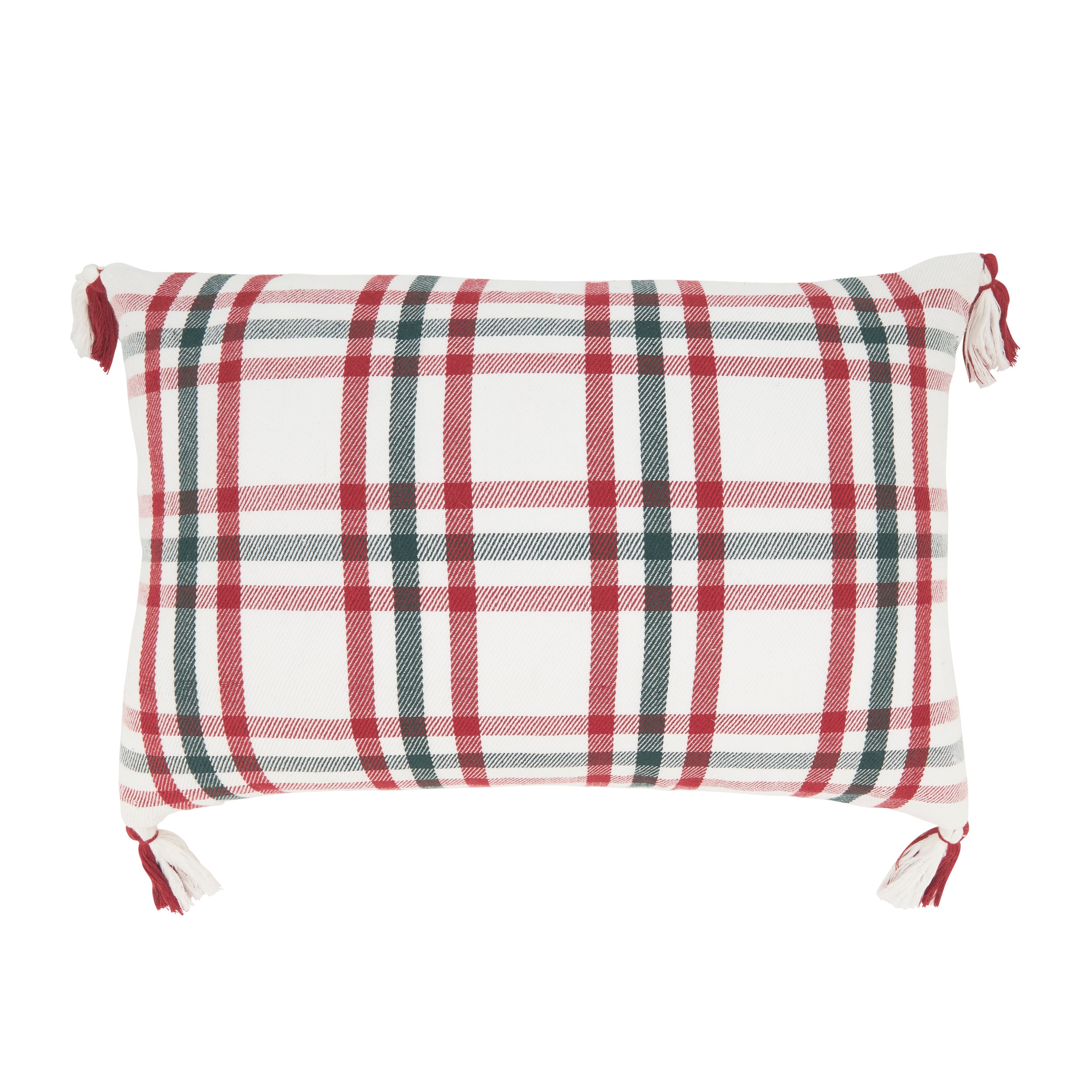 Tasseled Plaid Outdoor Polyester Filled Throw Pillow