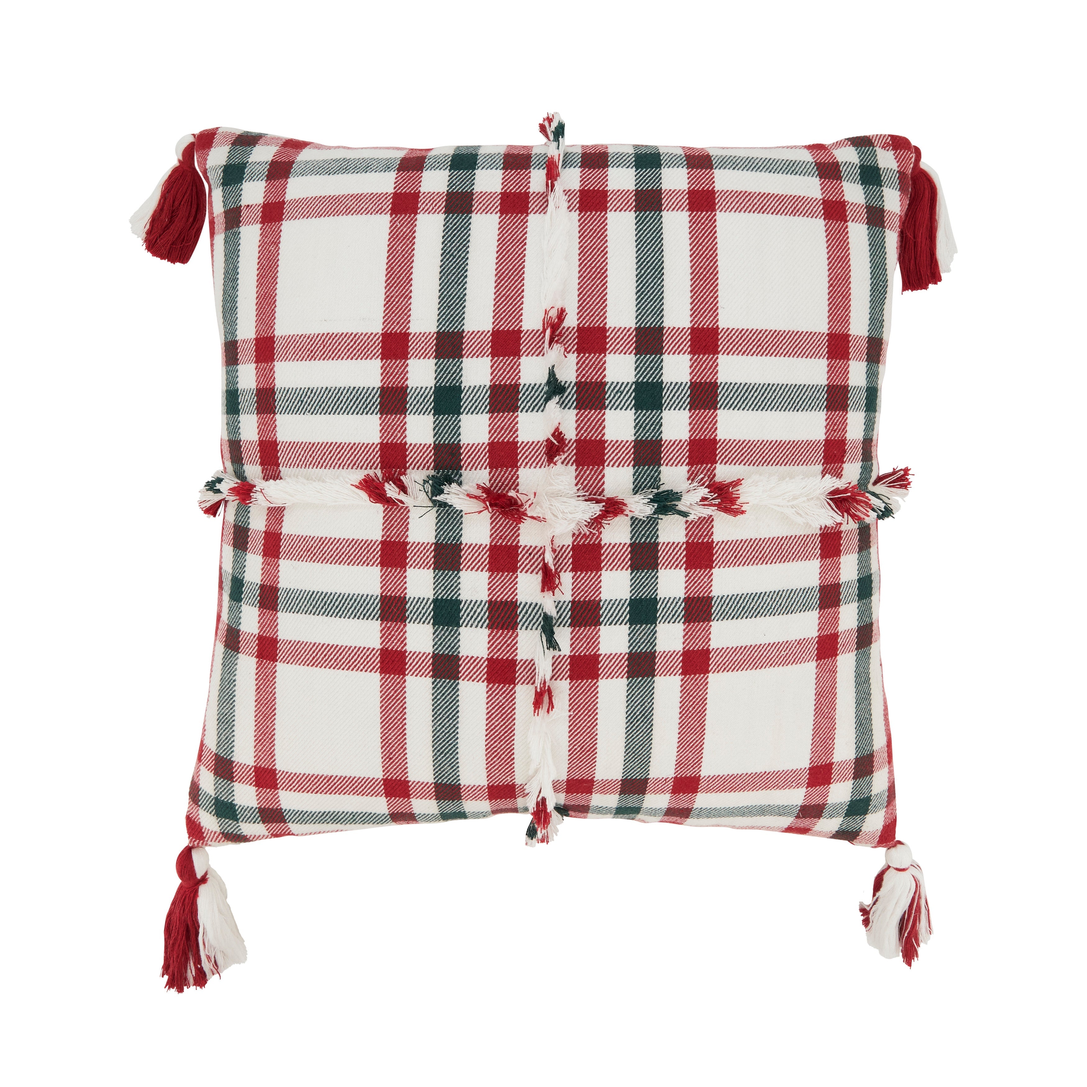 Tasseled Plaid Outdoor Polyester Filled Throw Pillow