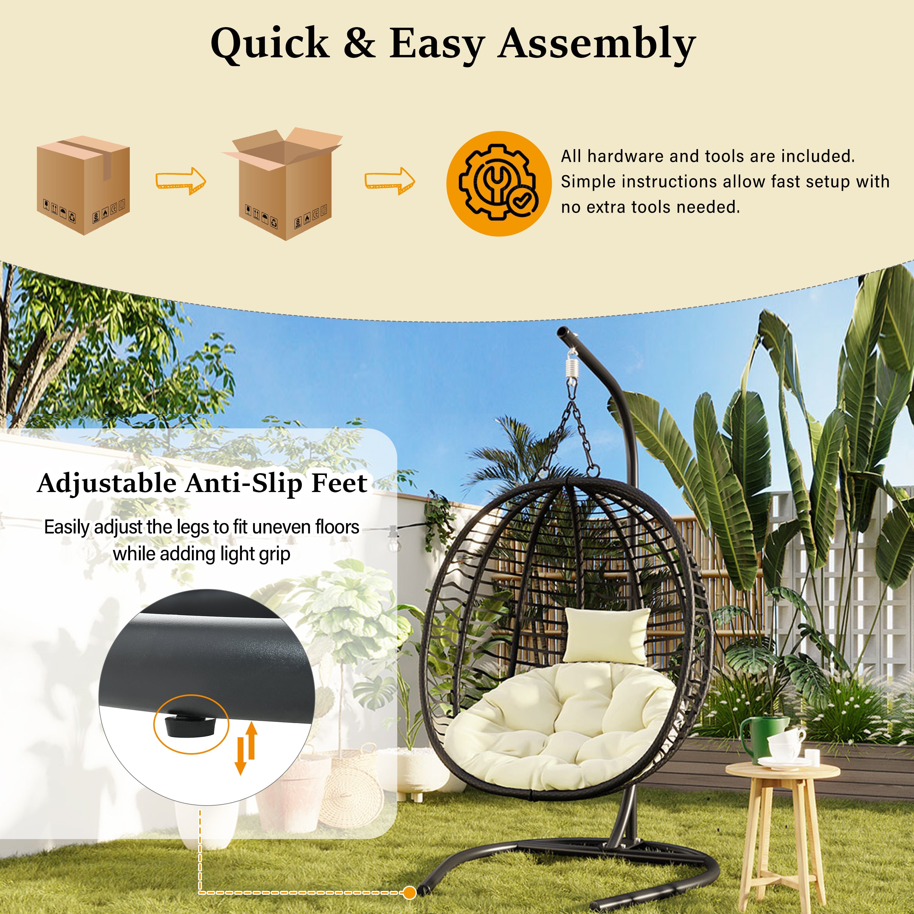 Folding Hanging Swinging Egg Chair with Stand & Tufted Cushion