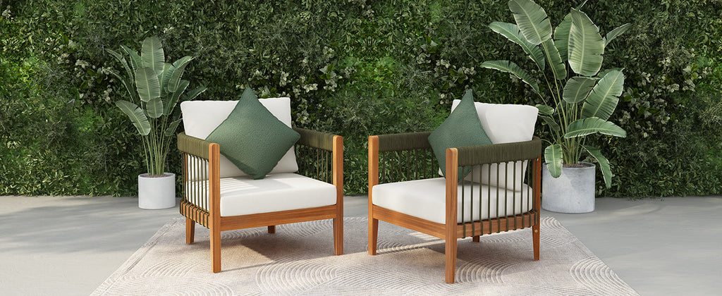 Azari Outdoor Acacia Wood Club Chair with Handwoven Rope Accents & Curved Backrest
