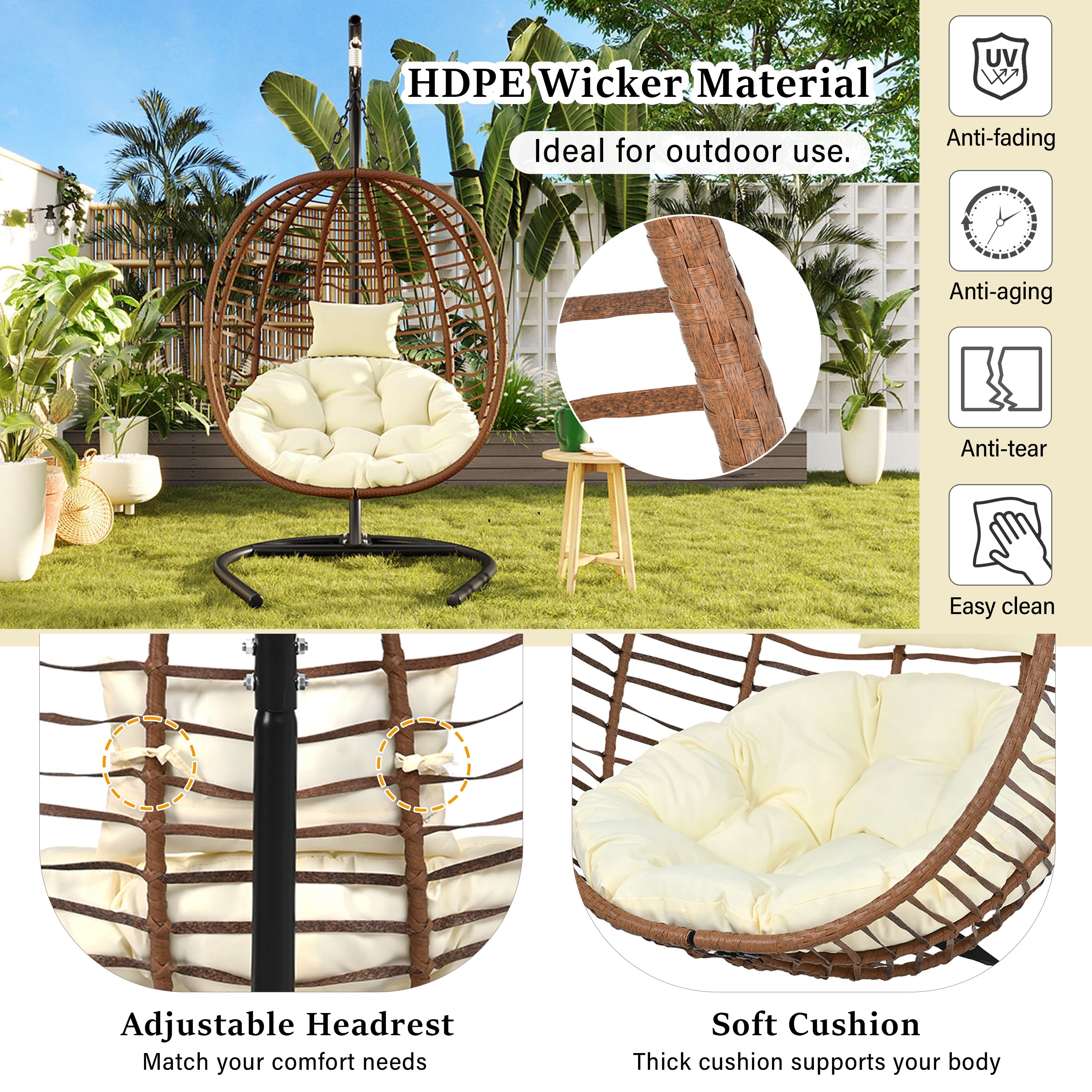 Folding Hanging Swinging Egg Chair with Stand & Tufted Cushion