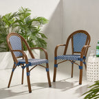 Crowned Wicker Bistro Chair with Checkered Pattern and Curved Arms, Set of 2