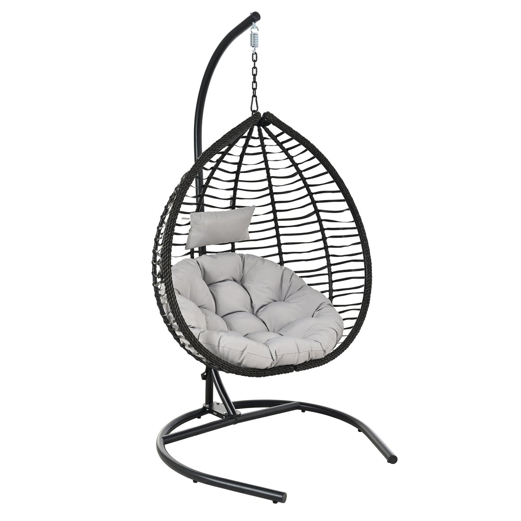 Foldable Rattan Egg Swing Chair with Iron Frame, Plush Cushion & Removable Headrest