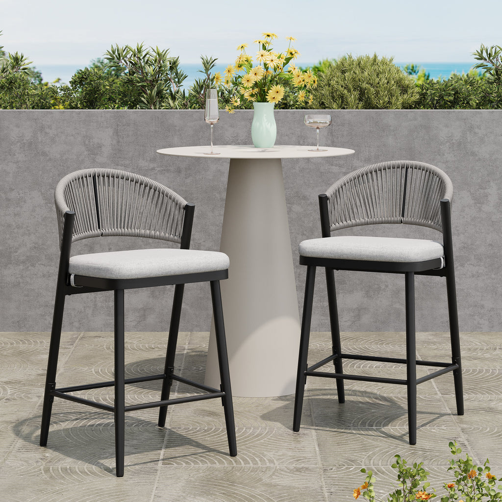 Outdoor Metal Frame Stools with Scallop-Shaped Backrest & Water-Resistant Cushions, Set of 2