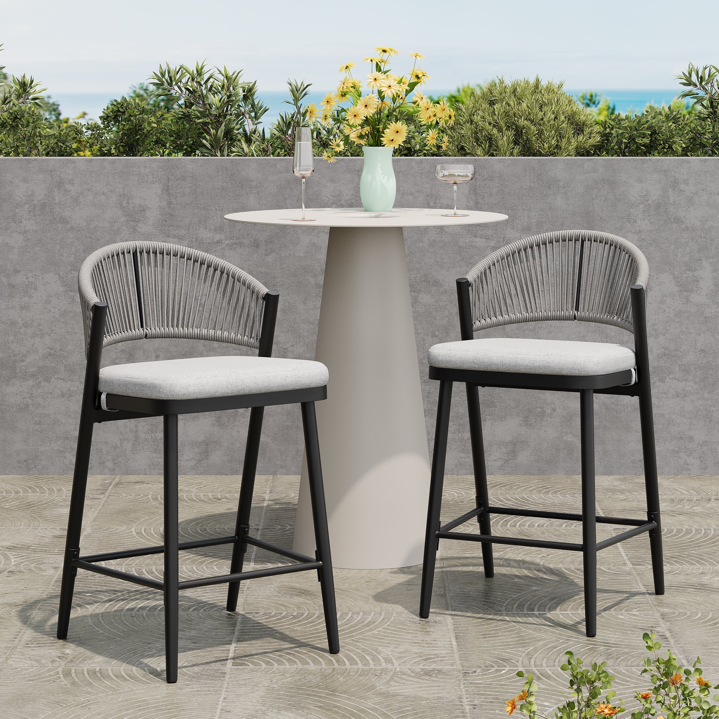 Outdoor Metal Frame Stools with Scallop-Shaped Backrest & Water-Resistant Cushions, Set of 2