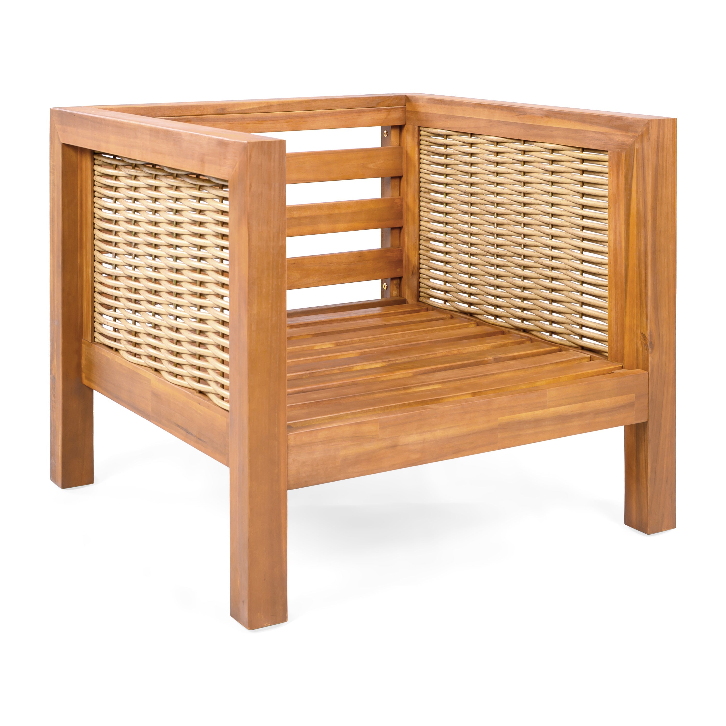 Outdoor Acacia Wood Outdoor Club Chair with Wicker Armrest and Beige Cushions