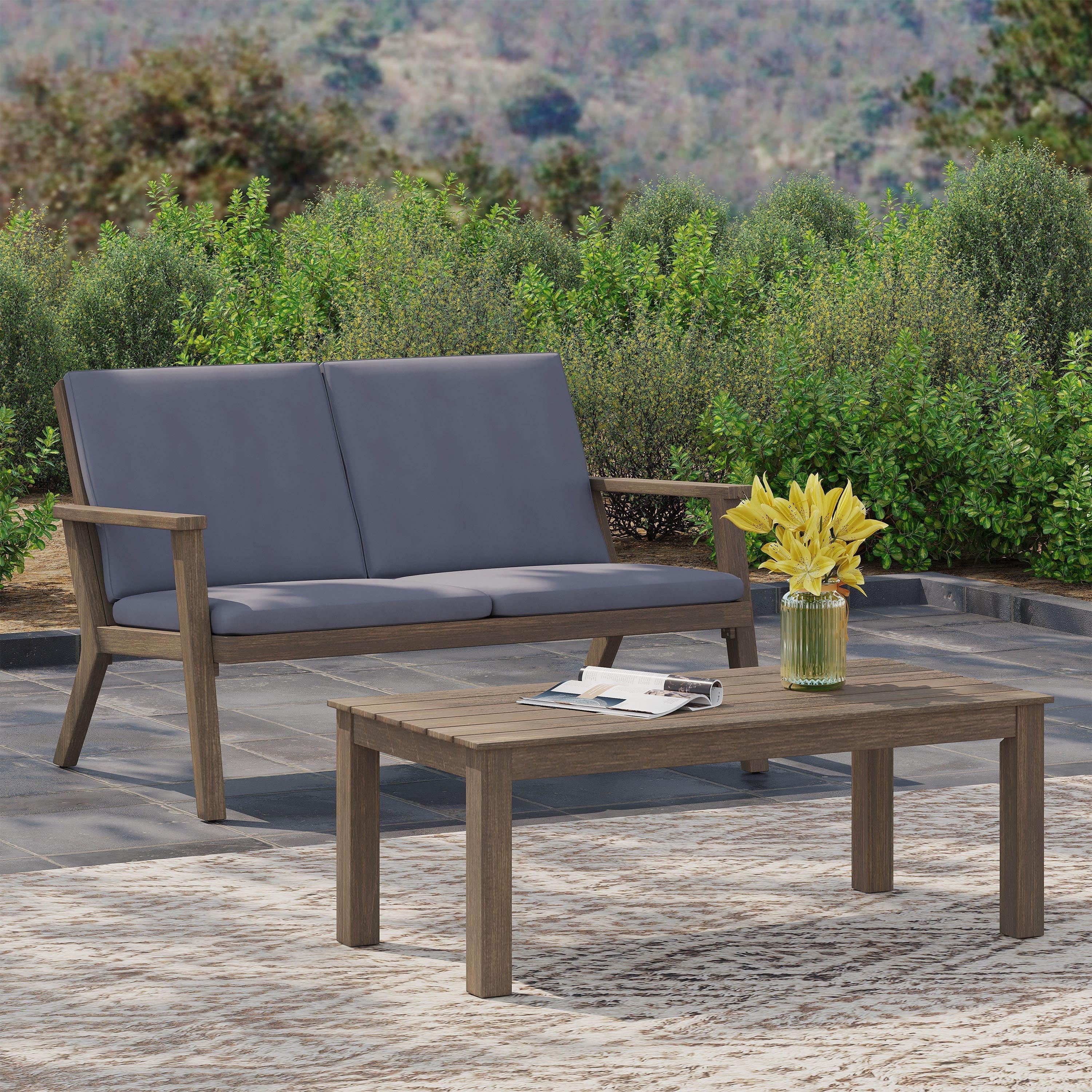 Brixton Outdoor Acacia Wood Loveseat and Coffee Table Set with Cushions