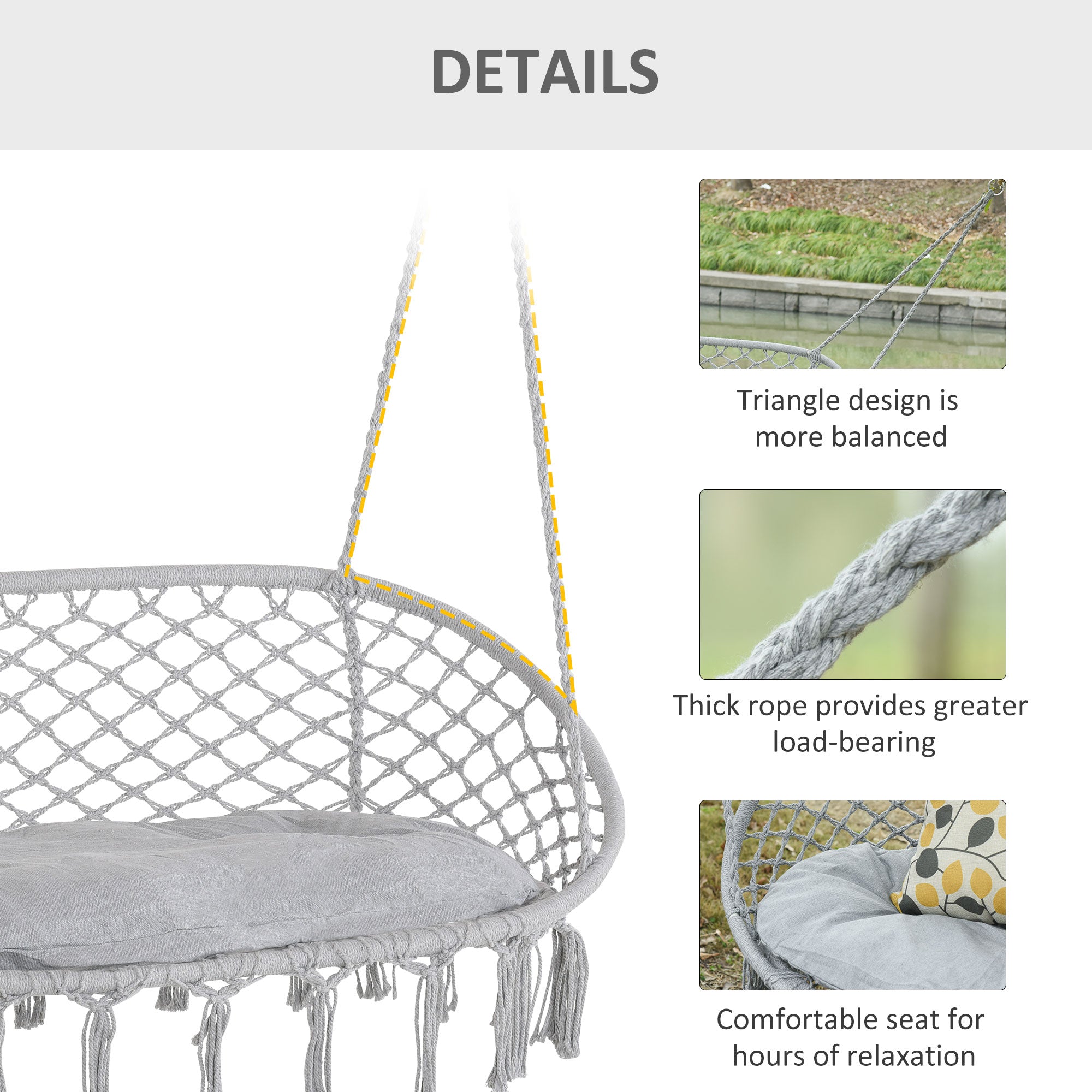 Visioned Outdoor Hanging Hammock Swing Chair with Macrame Design and Soft Cushion
