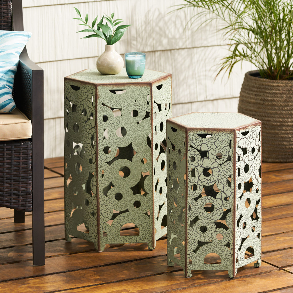 Wistfulness Outdoor Accent Table with Crackle Pattern and Iron Frame, Set of 2