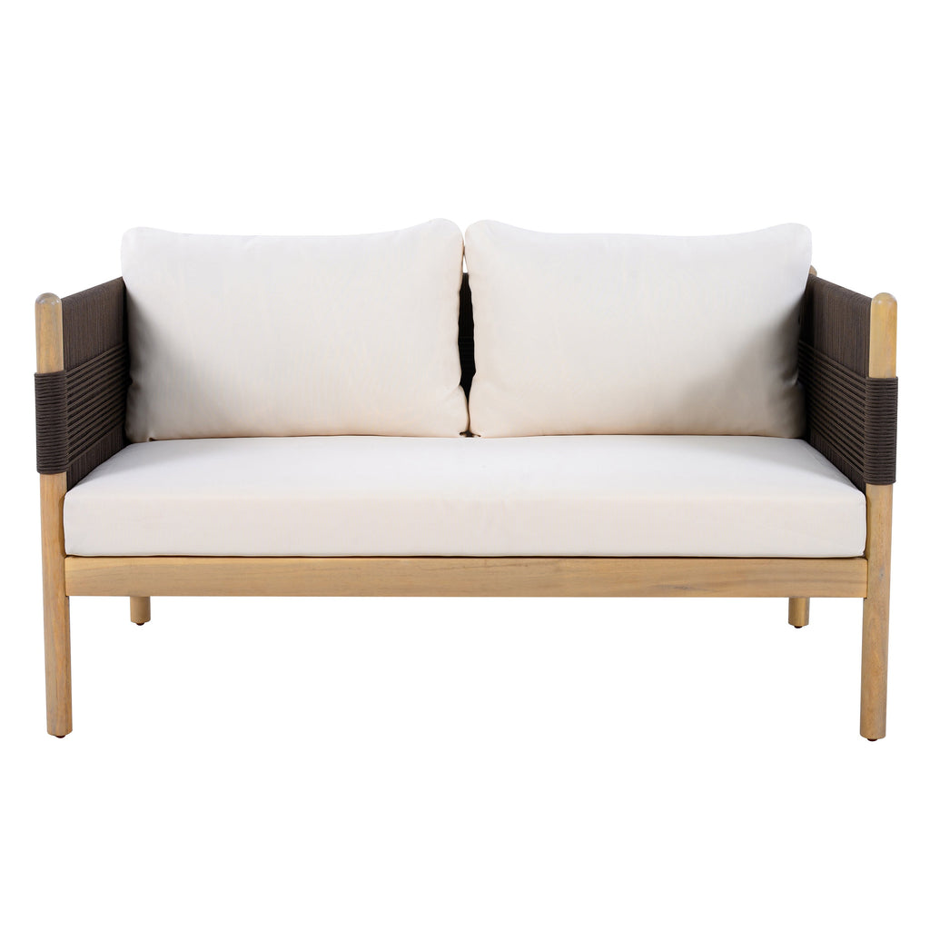 Seabrook Acacia Wood Outdoor Loveseat with Diamond Rope Weave & Cushions