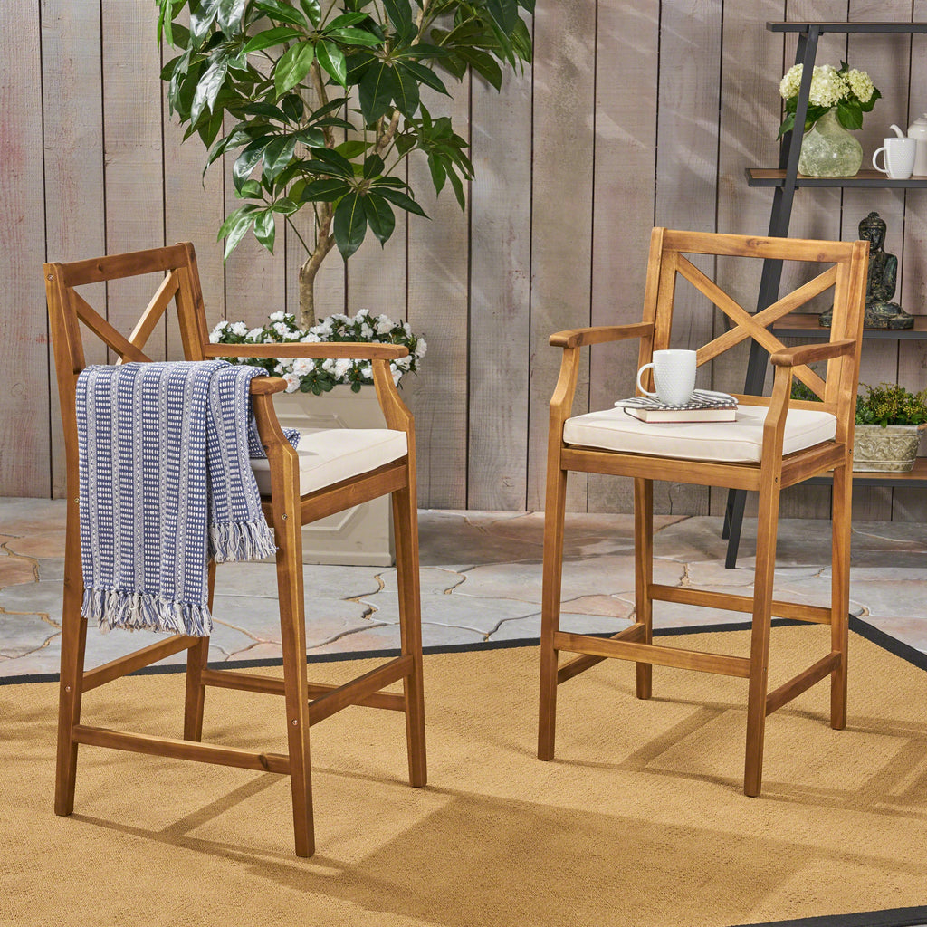 Perla Outdoor Acacia Wood Barstools, Set of 2