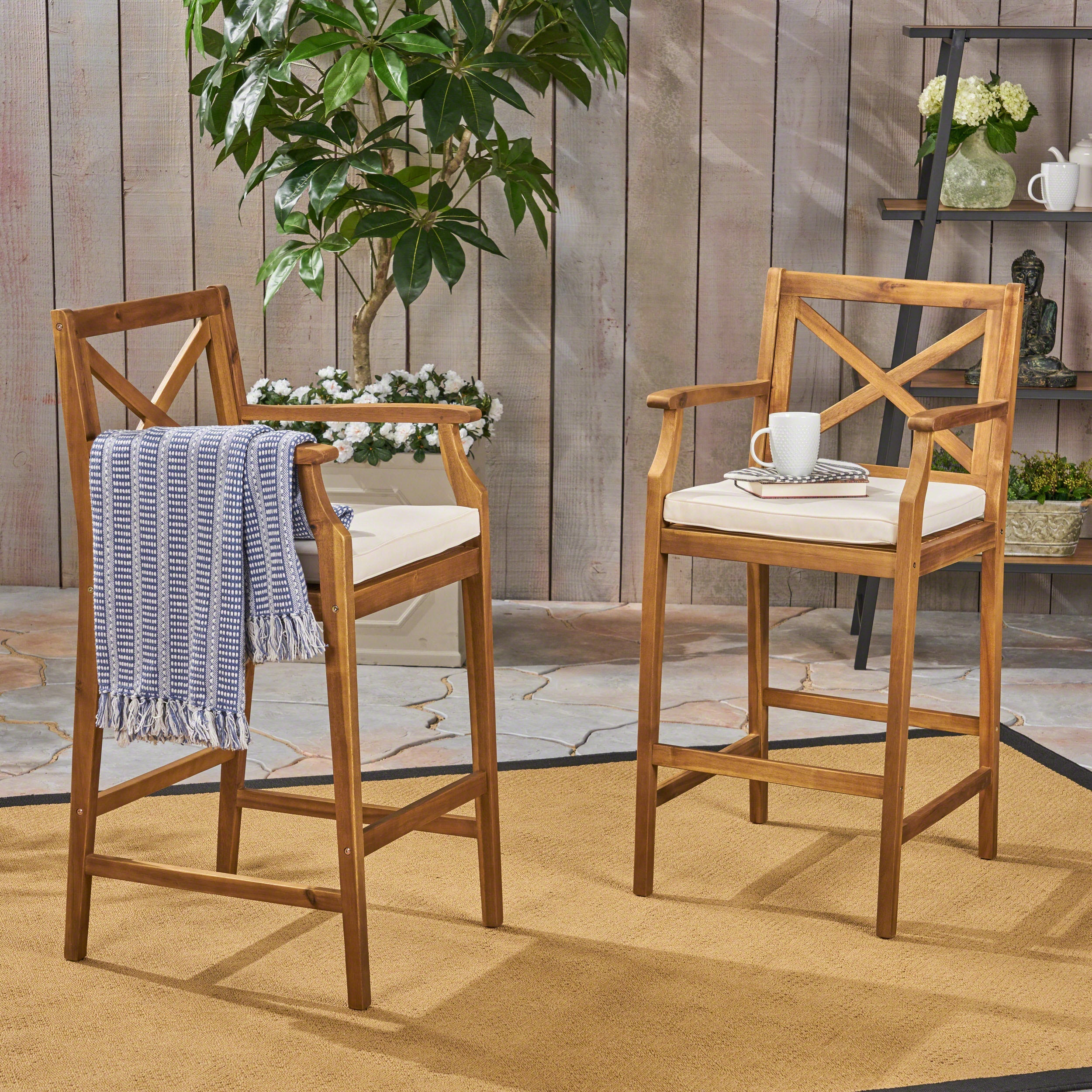 Perla Outdoor Acacia Wood Barstools, Set of 2