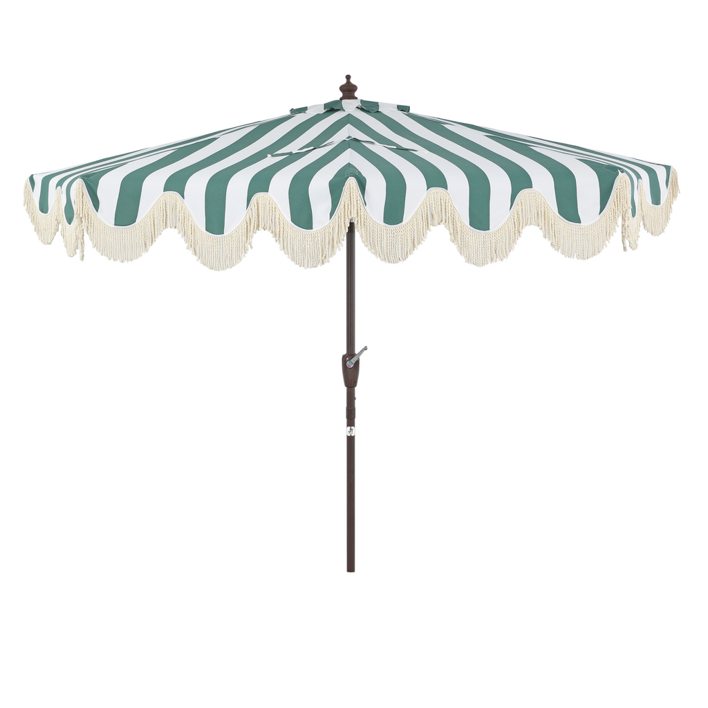 Beverly Stripe Designer Classic Scalloped Fringe Half Market Patio Umbrella with Crank