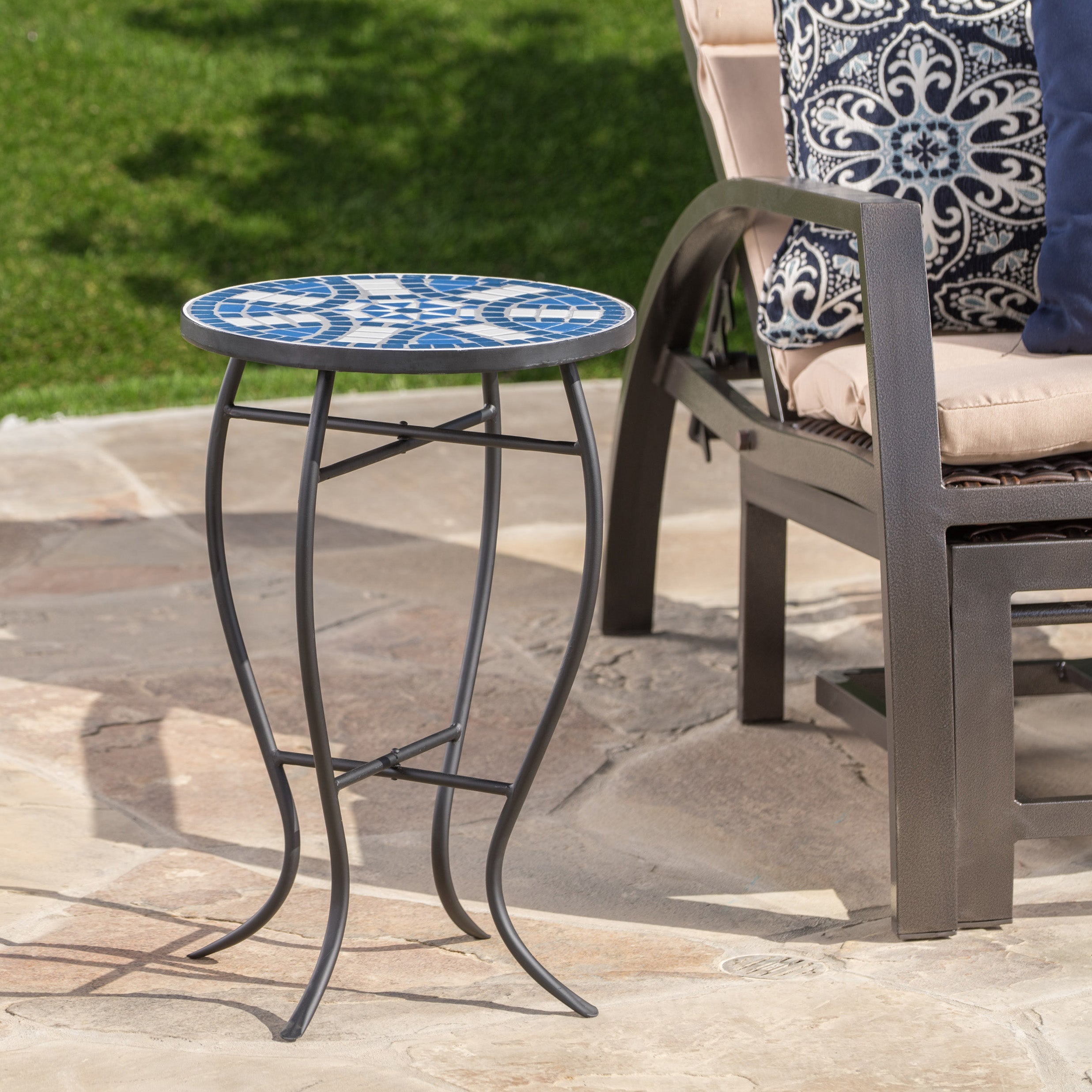 Outdoor Round End Table with Mosaic-Style Top and Curved Iron Legs