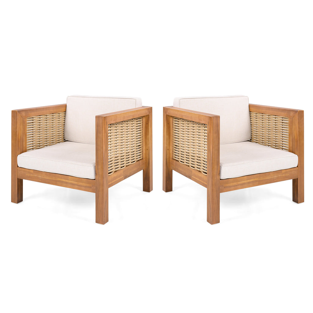 Outdoor Acacia Wood Outdoor Club Chair with Wicker Armrest and Beige Cushions