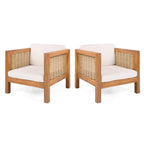 Outdoor Acacia Wood Outdoor Club Chair with Wicker Armrest and Beige Cushions