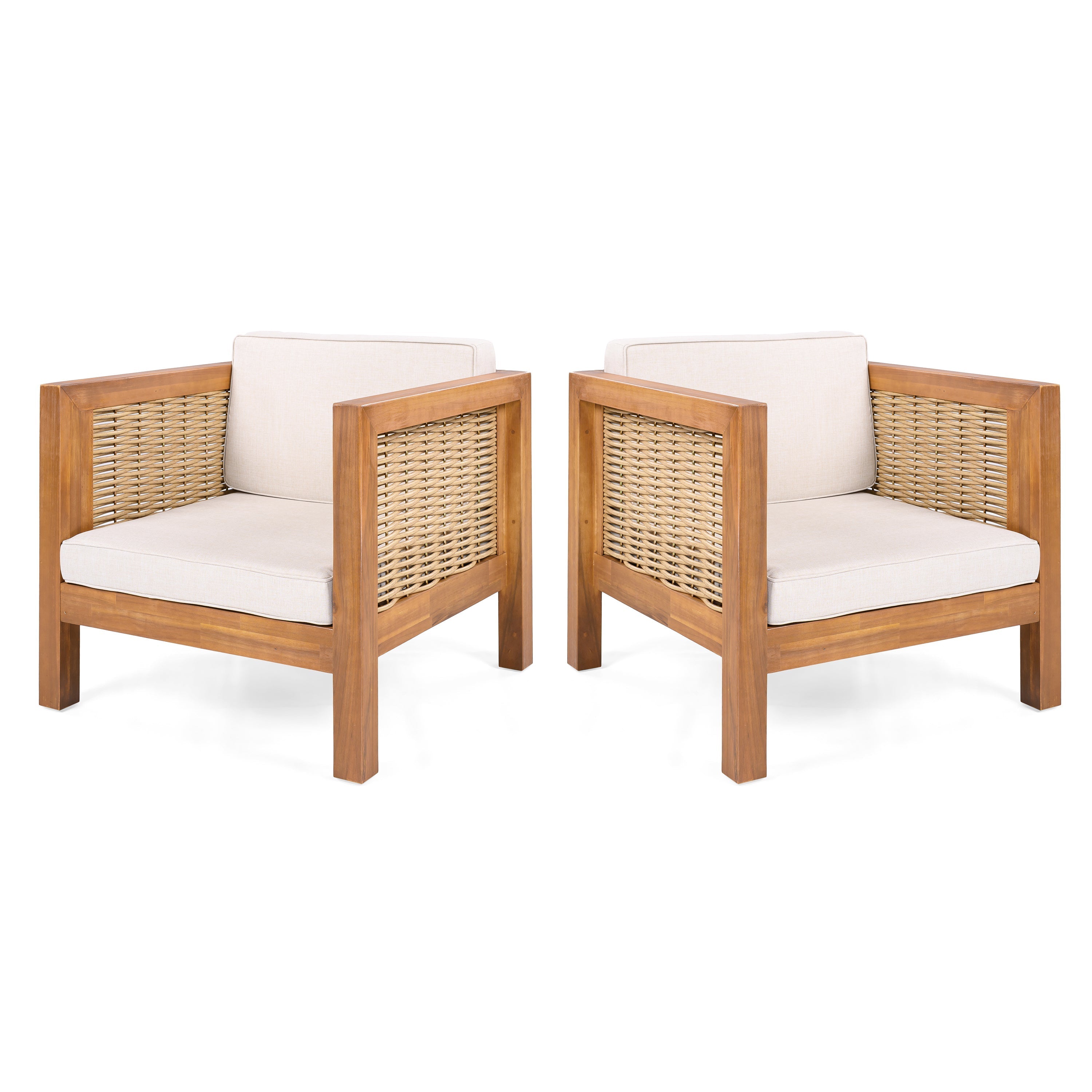 Outdoor Acacia Wood Outdoor Club Chair with Wicker Armrest and Beige Cushions