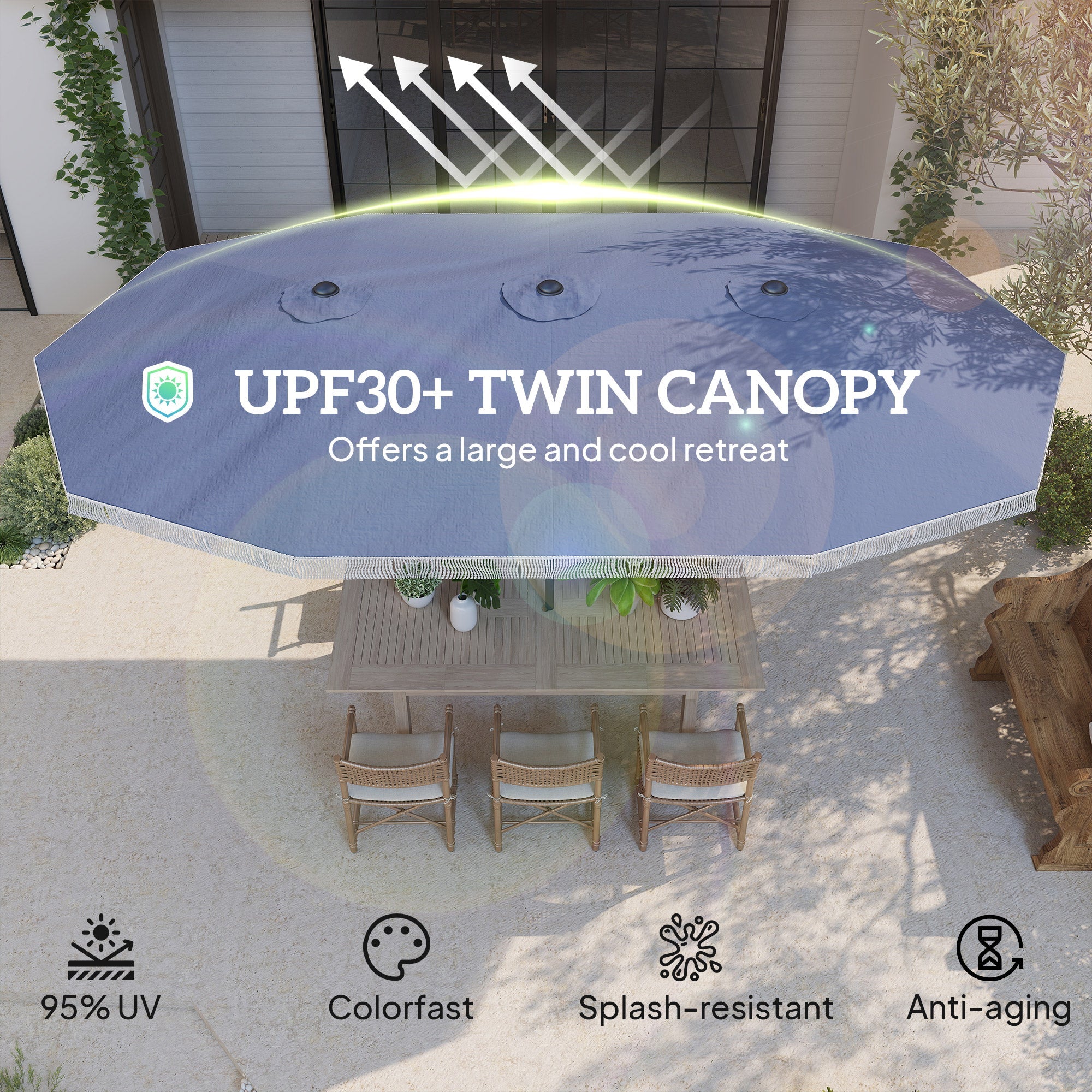 Oversized Fringe Trim Patio Umbrella with Crank Handle