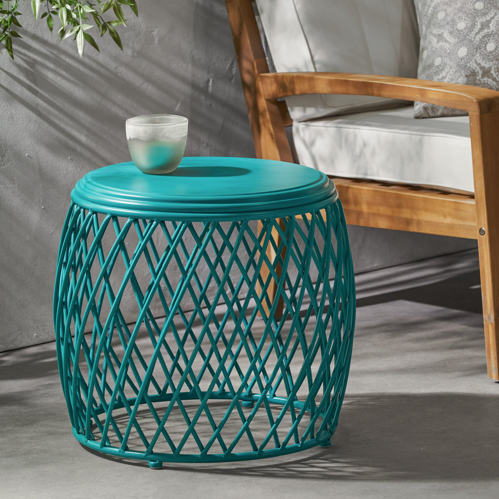 Coveted 19.75" Outdoor Cylindrical Iron Side Table with Lattice Design