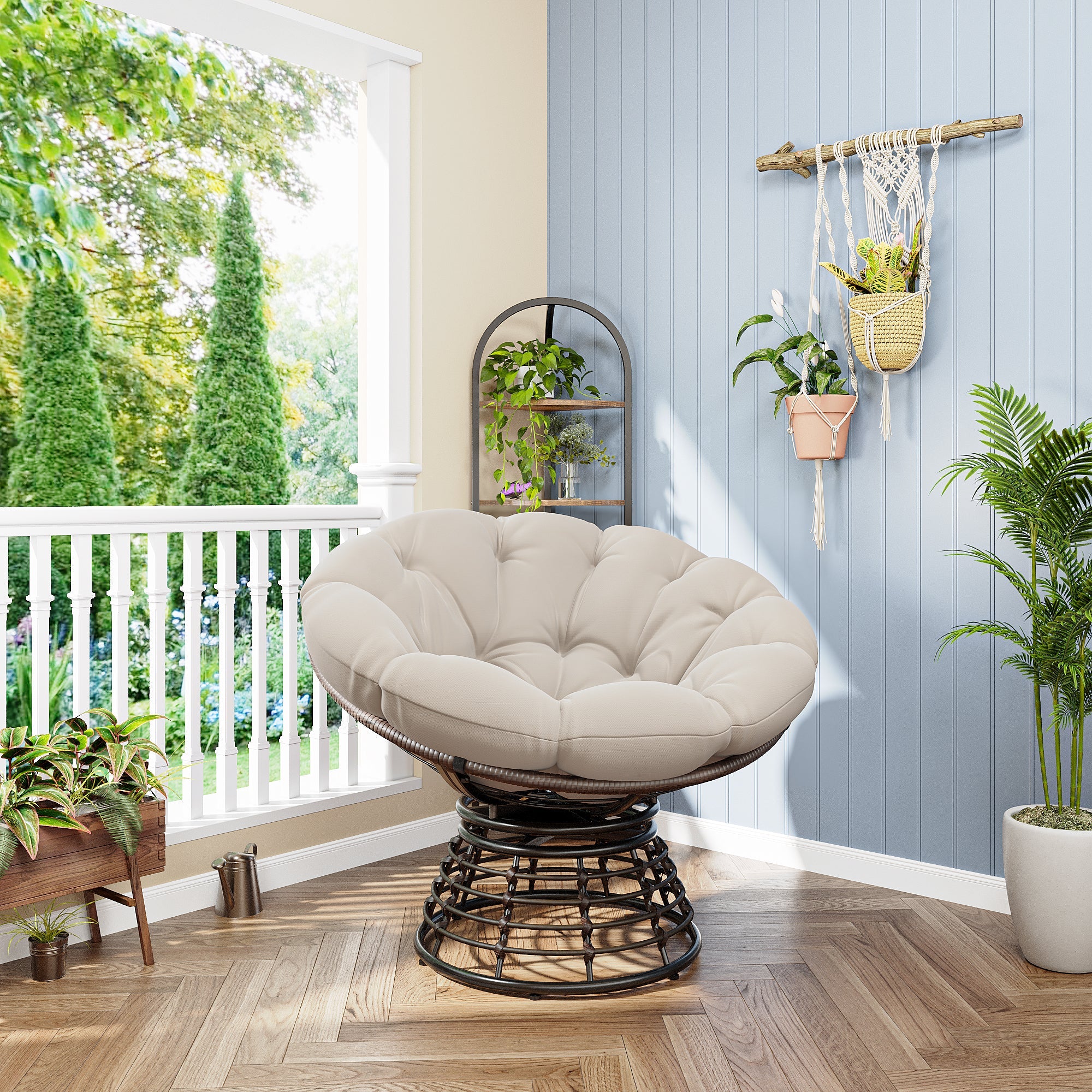 360° Swivel Indoor Outdoor Wicker Papasan Chair with Soft Thick Cushion