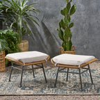 Cordella Outdoor Modern Boho Wicker Ottoman with Cushions, Set of 2