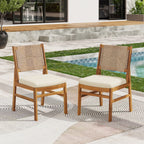 Monica Outdoor Wood and Wicker Woven Dining Chair with Cushions, Set of 2