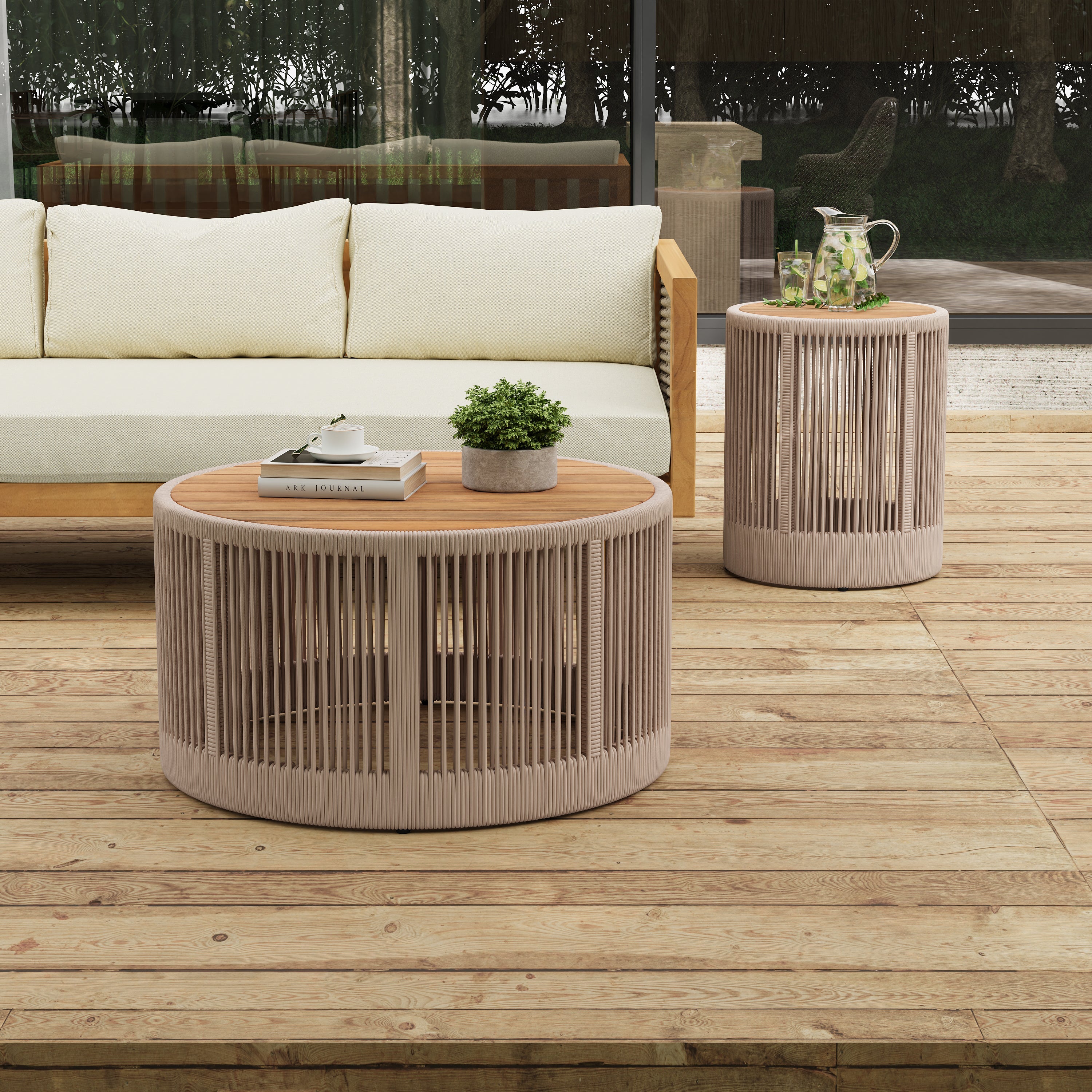 Sundara Outdoor Coffee & Side Table Set with Woven Rope Design