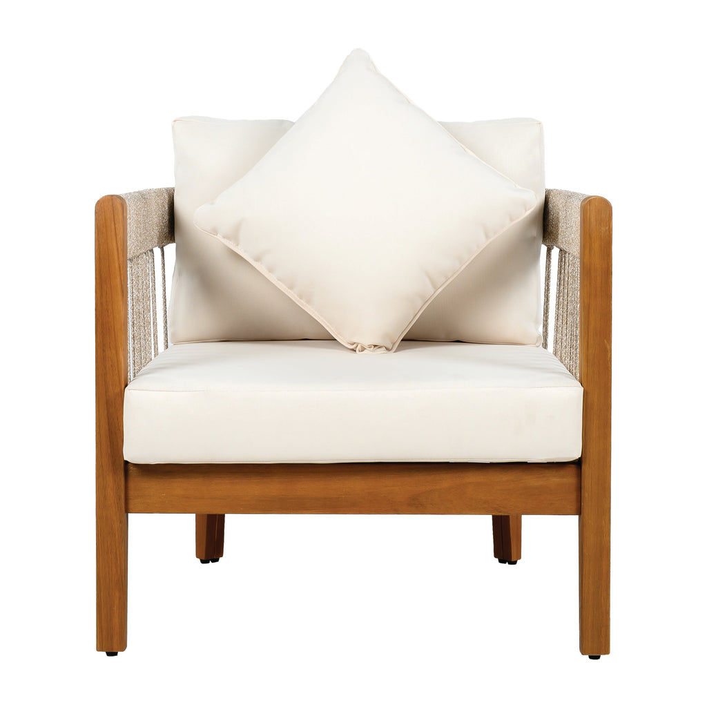 Azari Outdoor Acacia Wood Club Chair with Handwoven Rope Accents & Curved Backrest