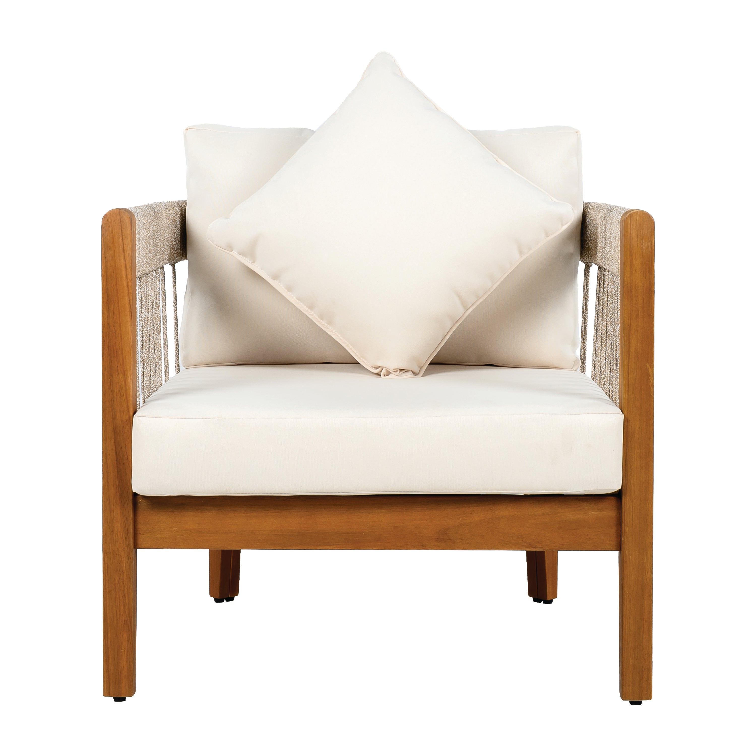 Azari Outdoor Acacia Wood Club Chair with Handwoven Rope Accents & Curved Backrest