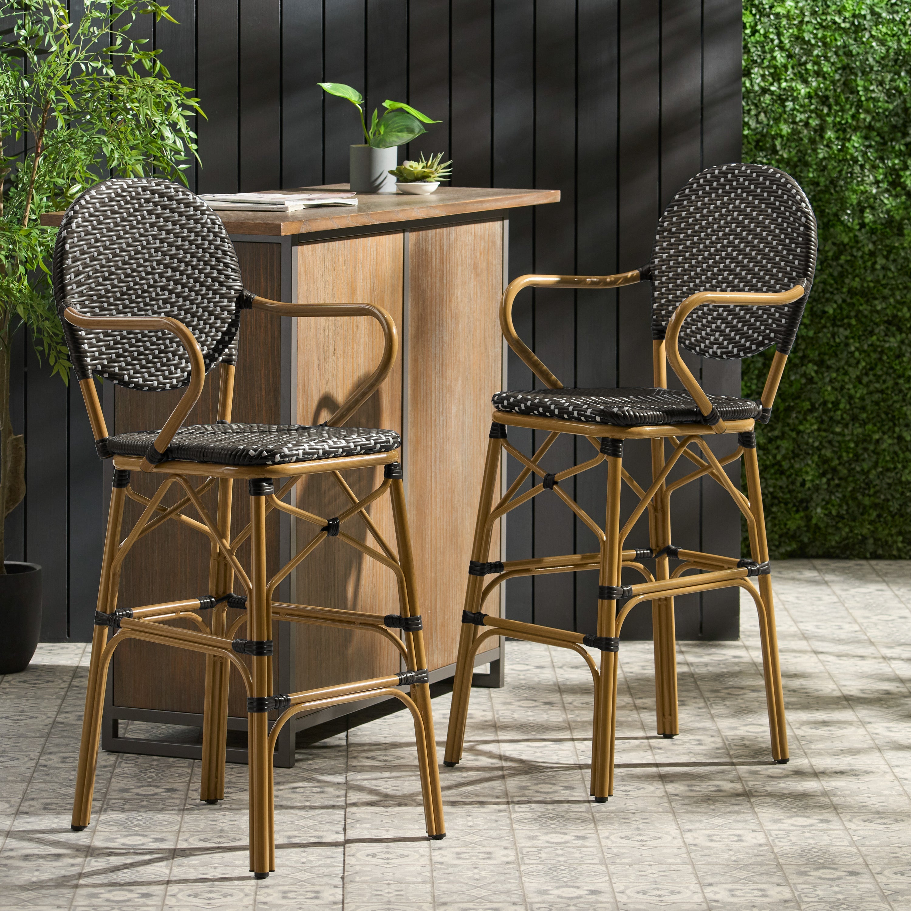 Valorous Outdoor Wicker Bar Stool with Round Back and Curved Arms, Set of 2