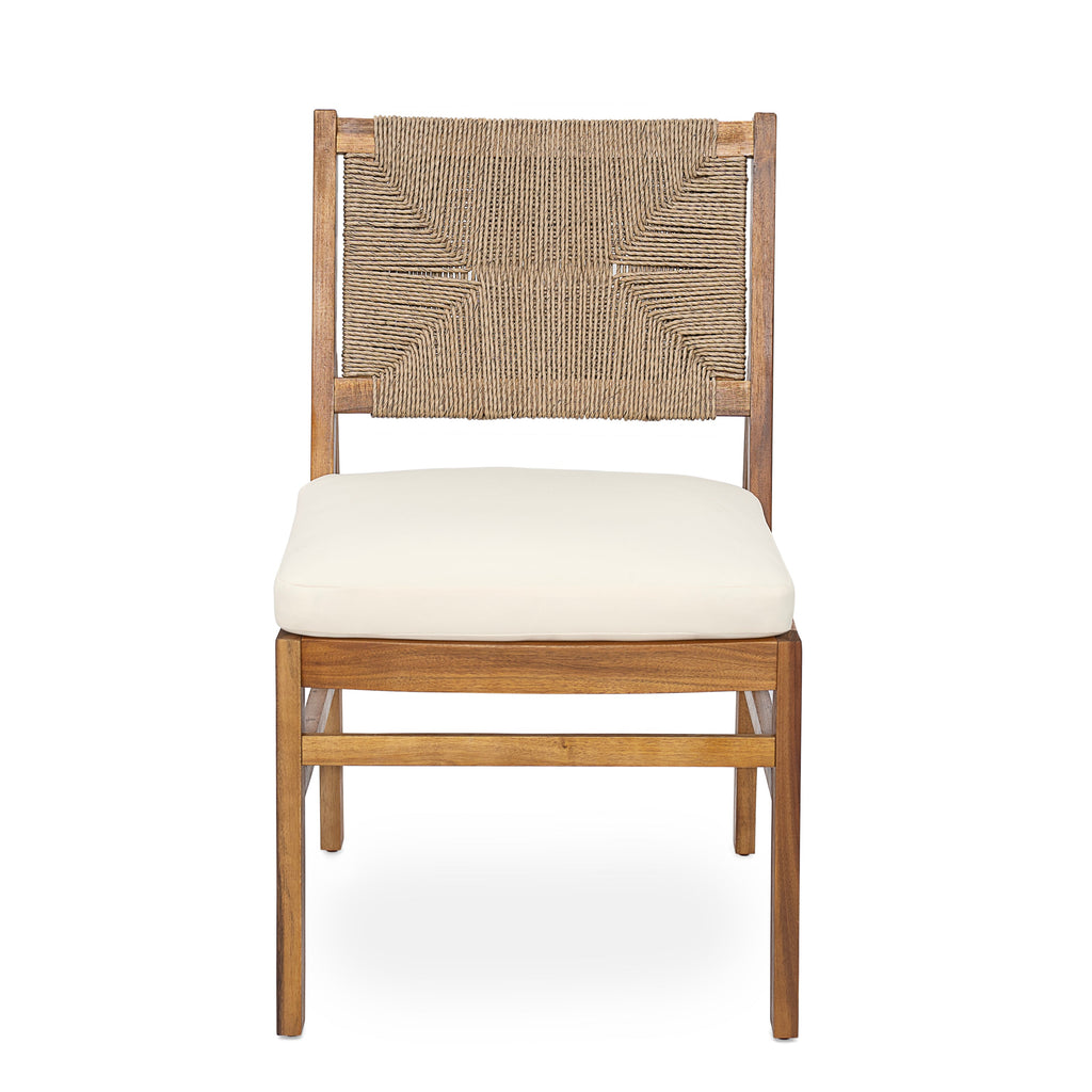 Monica Outdoor Wood and Wicker Woven Dining Chair with Cushions, Set of 2