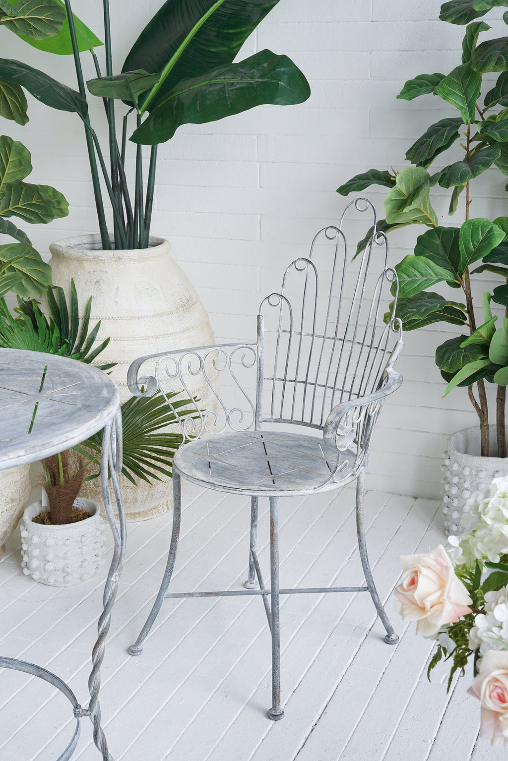 Distressed Silver Finish Iron French Country Garden Chair