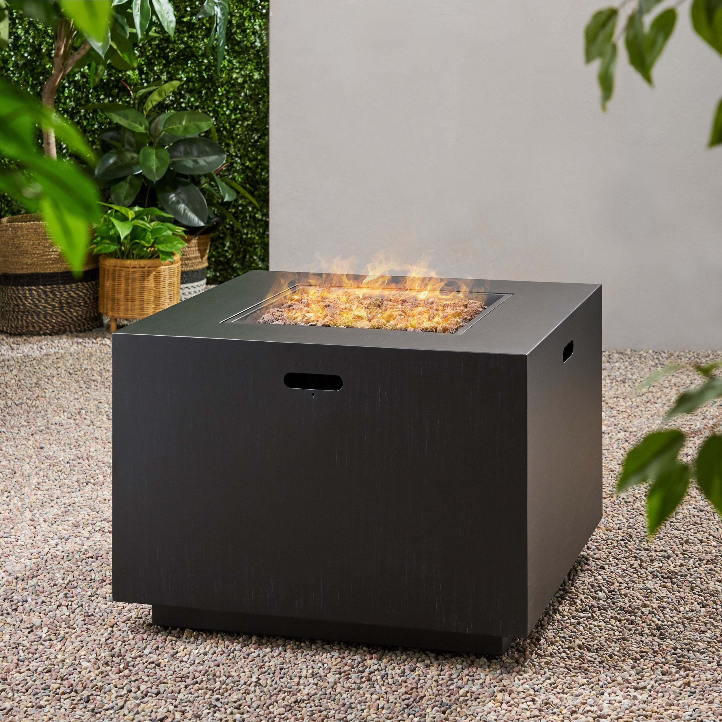33" Outdoor Iron Square Propane Fire Pit, Tank Inside, 50,000 BTU
