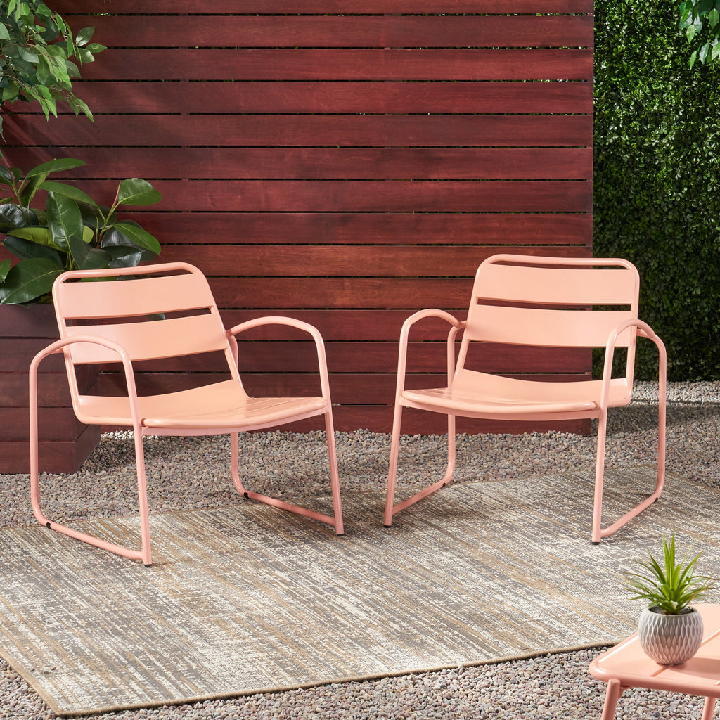 Outdoor Iron Chair with Open Slat Design and Curved Arms, Set of 2