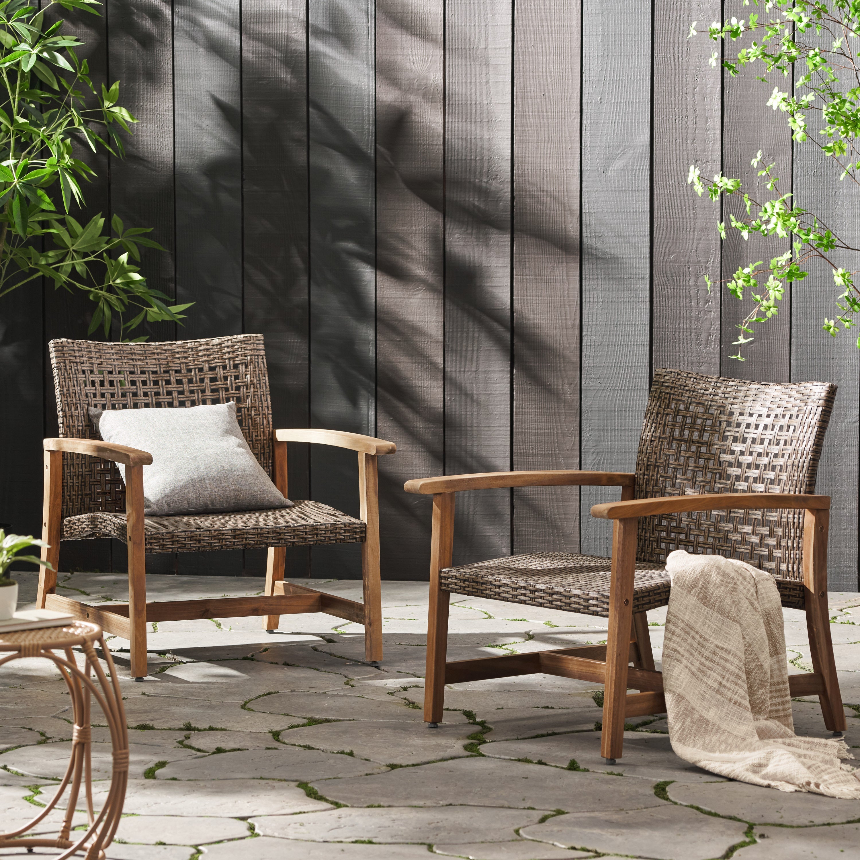 Hampton Outdoor Rattan & Acacia Wood Wicker Club Chairs, Set of 2