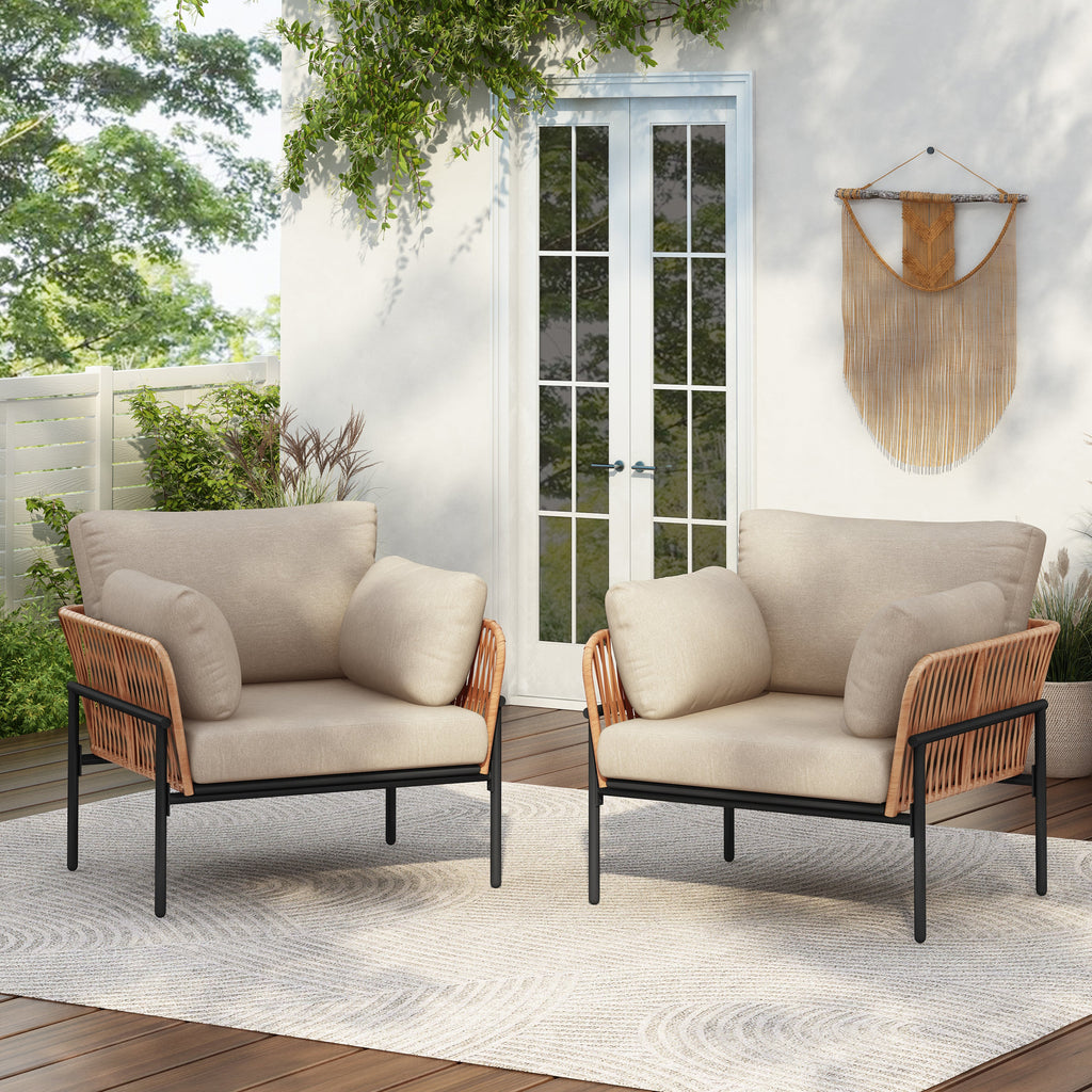 Brisa Outdoor Modern Iron Lounge Chair with Rope Weave