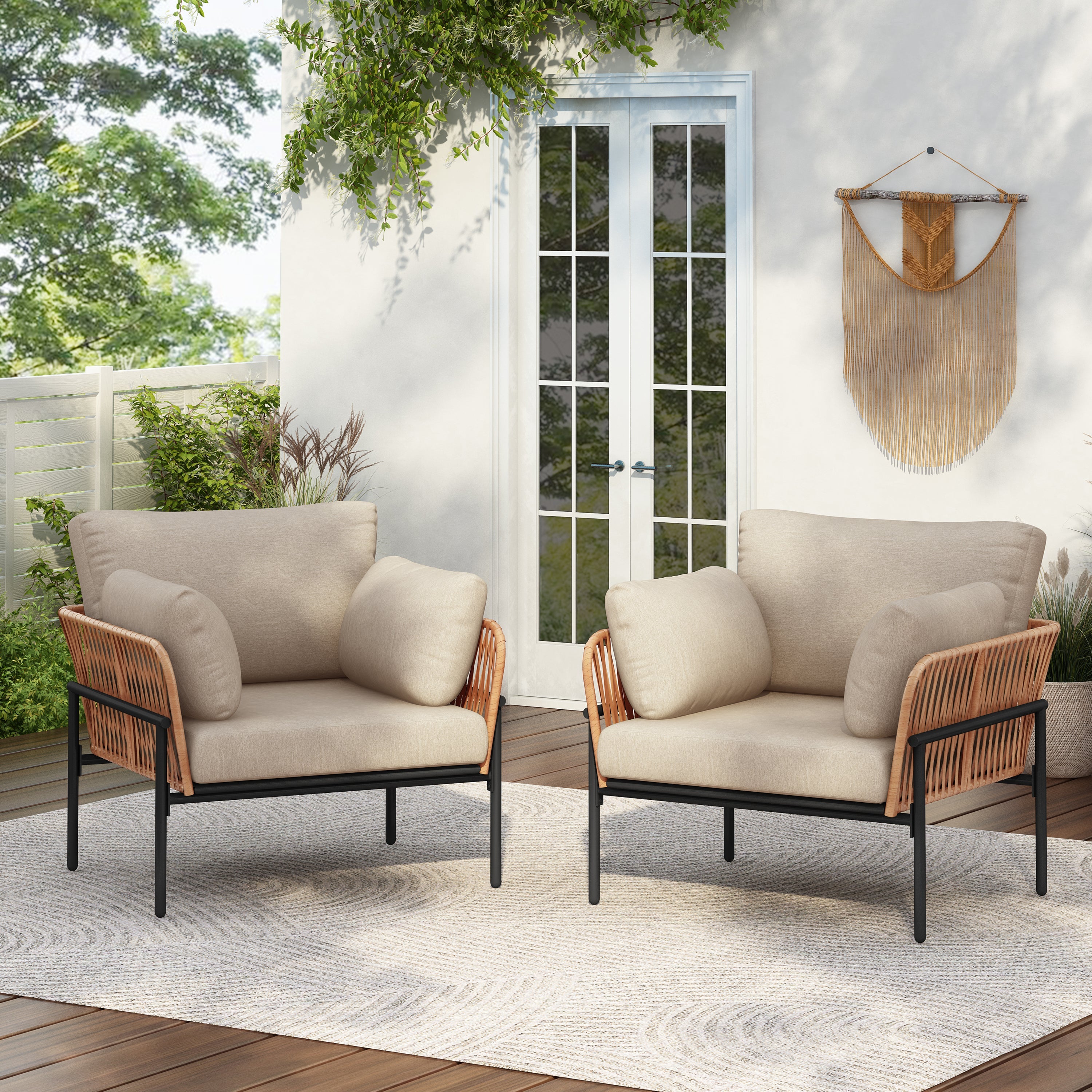 Brisa Outdoor Modern Iron Lounge Chair with Rope Weave