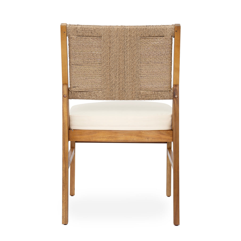 Monica Outdoor Wood and Wicker Woven Dining Chair with Cushions, Set of 2
