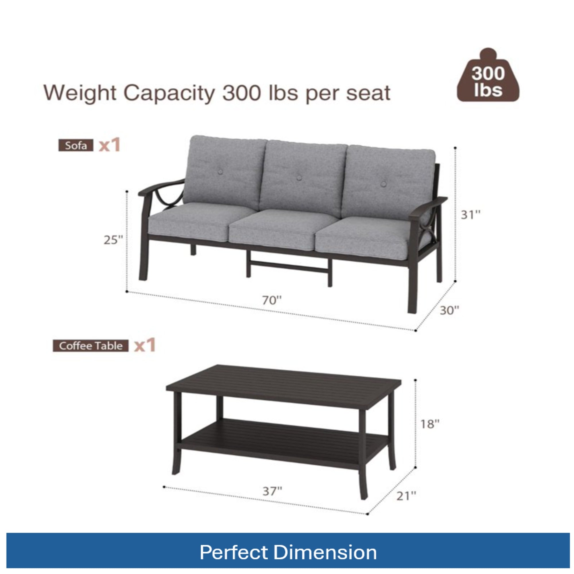Marisol 2 Piece Outdoor Patio Set, 70" All-Weather Metal 3-Seat Sofa and Coffee Table