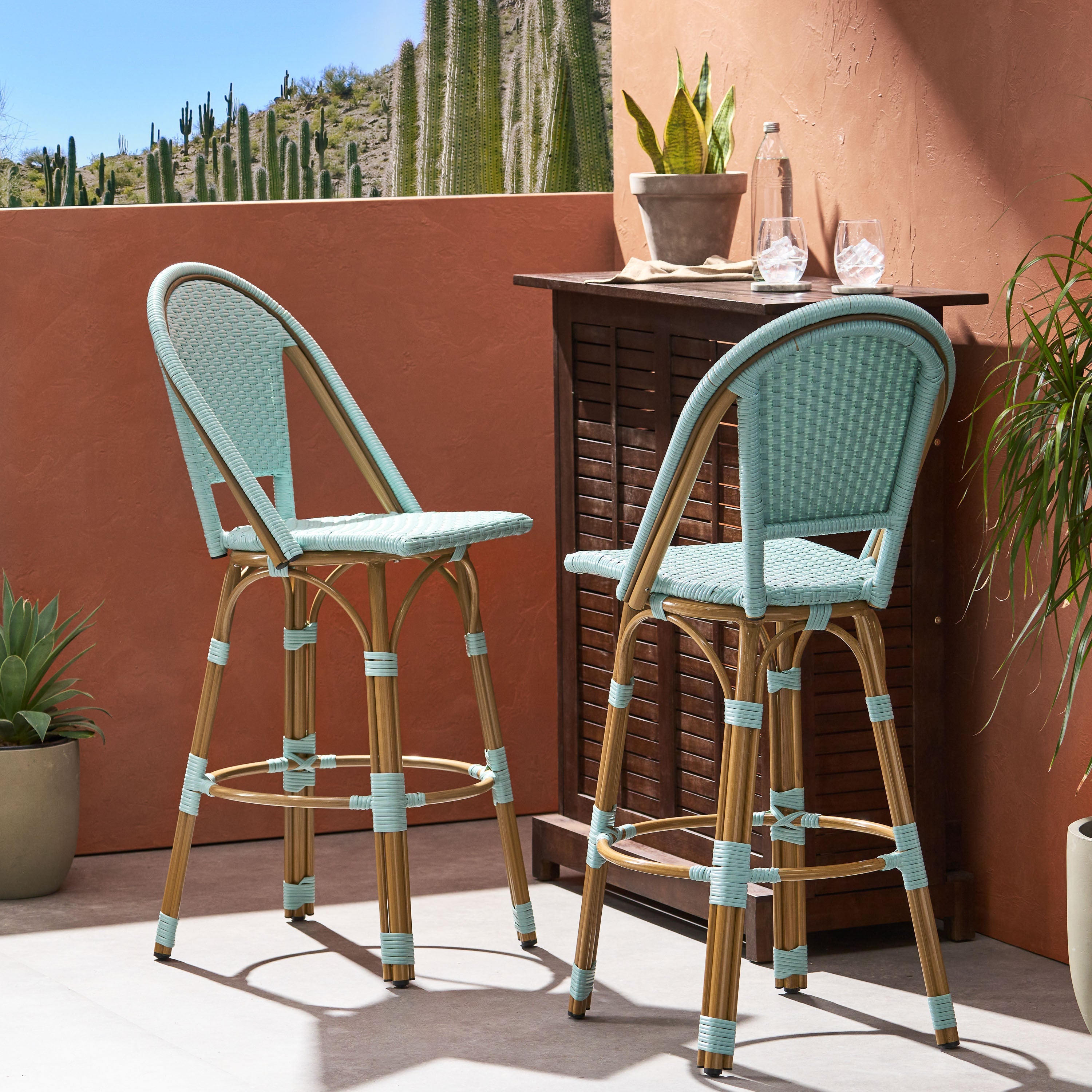 Callisto 29.5" Outdoor Rattan and Aluminum Bar Stool with Curved Back and Footrest